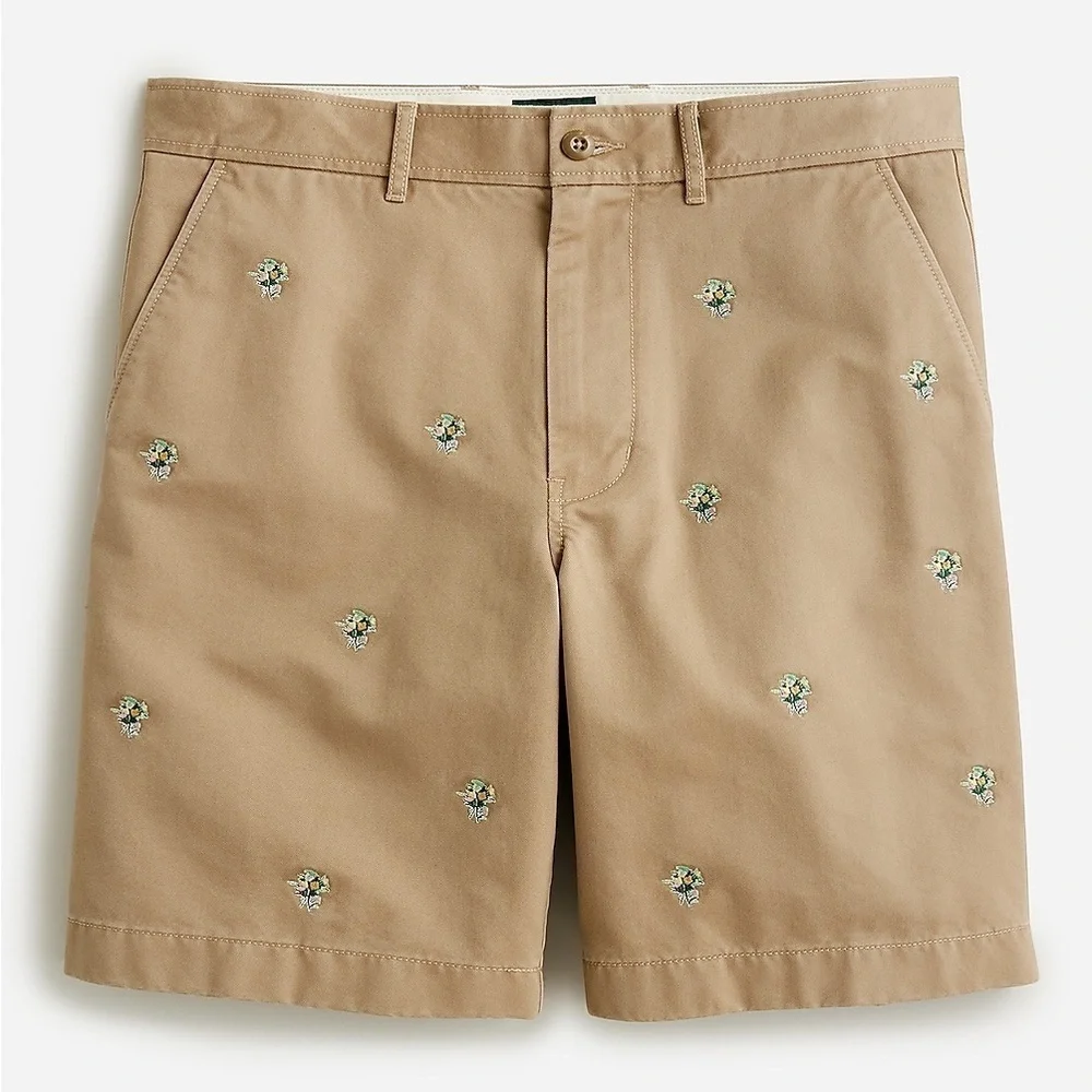 J. Crew Men’s 9'' Relaxed Fit Chino Short With Flower Embroidery in Khaki 35 NWT